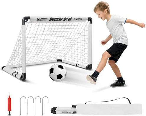 Football Goal: KETIEE Portable Foldable Kids Football Goals 90x60cm, Football Net with Mini Football, Ground Pegs and Carry Bag, Training Equipment for Garden Indoor Outdoor