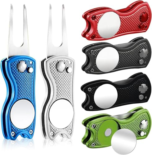 HFZCV 6er Set Pitchgabel Golf klappbar, Edelstahl Golf Divot Tool mit Pop-up Knopf & Magnetischem Ballmarker, Robustes Golf Zubehör Reparaturwerkzeug Set für Herren & Damen, Golf Geschenk