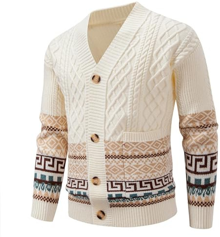 Générique Norwegian Men's Jacquard Vintage Cardigan with Buttons Baggy with Pockets Icelandic Jumper Comfortable Coat Trendy Christmas Sweaters Slim Fit for Office and Leisure, white, 3XL