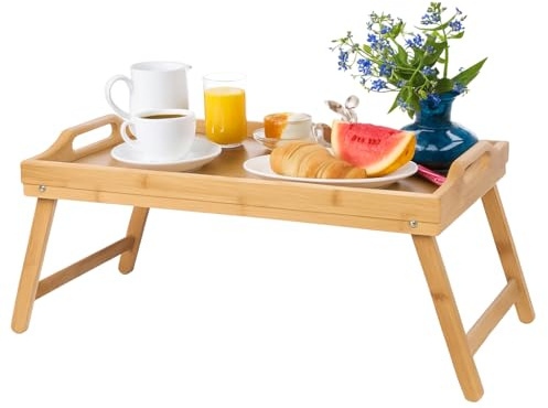 HOME IN SMART Tavolino per Letto Pieghevole, Vassoio da Letto in Bambù 100% con Bordi Rialzati - Vassoio Colazione a Letto, Tavolo da Letto e Poggia PC. Dimensione 50x30x25