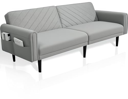 Alivio 3-in-1 Convertible Velvet Sofa Bed, Adjustable Futon Couch with Detachable Arms, Thick Cushions, Side Storage Pockets & Sturdy Wood Frame, 360kg Weight Capacity (Grey)