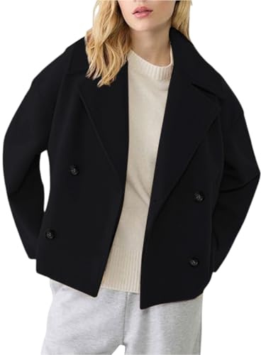 Generisch Manteau d'hiver court pour femme - Manteau en laine à manches longues - Manteau tricoté à revers - Manteau de transition épais - Manteau d'hiver tendance - Couleur unie - Veste thermique