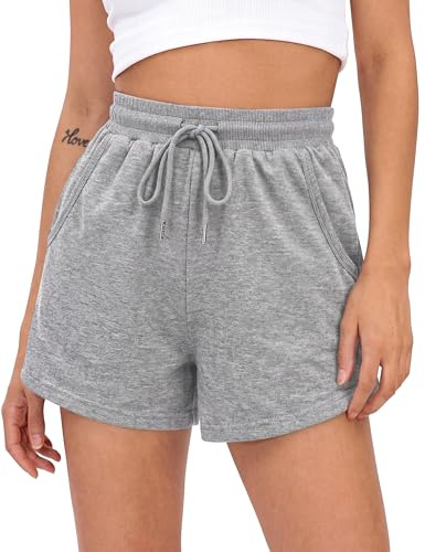 Litherday Pantalones Cortos para Mujer Casuales de Algodón Atléticos de Cintura Alta Elástica y de Entrenamiento para Fitness Correr Gimnasio y Baloncesto, Gris Claro, M