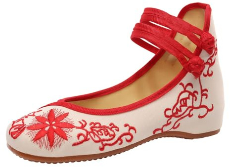 Donna Cinese Ricamate Scarpe a Cuneo Floreale Tradizionale Asiatico Mary Jane Brida Balletto Yoga Scarpe su Tela con Gomma Suola botone Rana