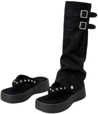 LVJMJ Dam rund öppen tå säckiga stövlar avtagbara 2-i-1 tå stolpe plattform 3-5 cm höga axlar rynkade tubstövlar metall nit dubbelt spänne slip-on enfärgad svart kaki sommar