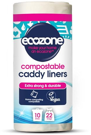 Ecozone Caddy Liners, 100% Compostable & Biodegradable Bin Bags, 10 Litre Size, Strong Tear Resistant, Eco Friendly Vegan Natural Sacks Made from Plants, Plastic Free (Roll of 22), Green