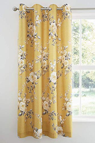 Catherine Lansfield Canterbury Floral 66x72 Inch Lined Eyelet Curtains Two Panels Ochre Yellow