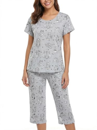 CHUNG Women Cotton Blend Pyjamas Set Short Sleeve Top Capri Pants Plus Size S-3XL Sleepwear Nighties