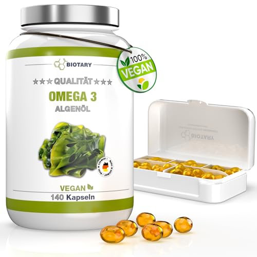 Omega 3 Vegan aus Algenöl 140 Softgel Kapseln | 600 DHA & 300 EPA+ Vitamin E pro Tagesdosis | ca. 3 Monate Vorrat, inklusive Pillenbox | laborgeprüft | hohe Bioverfügbarkeit