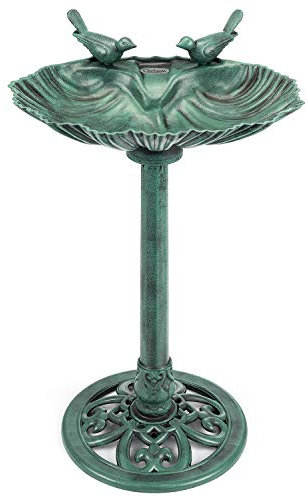 CHRISTOW Plastic Resin Bird Bath for Garden, Clam Shell Pedestal Birdbath, Traditional Style, Rustic Metal Effect, Standing Outdoor Water Bowl Feeder, 80cm x 50cm x 38cm (Green)