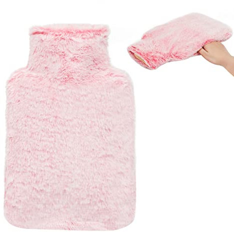OWOZOI Wärmflasche mit Bezug Flauschig - Kuschelweichem Fell Bezug mit Kängurutasche für Hände, 2L Groß Füllmenge Gummi Wärmeflasche, Bettflasche für Erwachsene, Frauen Geschenk,Rosa