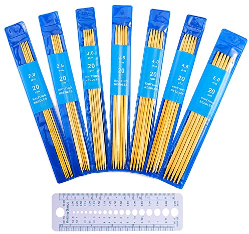 Trsnzul Lot de 35 aiguilles à tricoter en bambou à double extrémité avec jauge d'aiguille, jeu d'aiguilles pour chaussettes de 20 cm de long, 7 tailles 2 à 5 mm