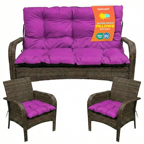 SuperKissen24. Coussin Dossier pour Banc de Jardin Canapé - 100x50 cm et Appui 100x60 cm + 2X 45x45 cm Coussin pour Chaise de Jardin - Intérieur/Extérieur – Imperméable - Fuchsia