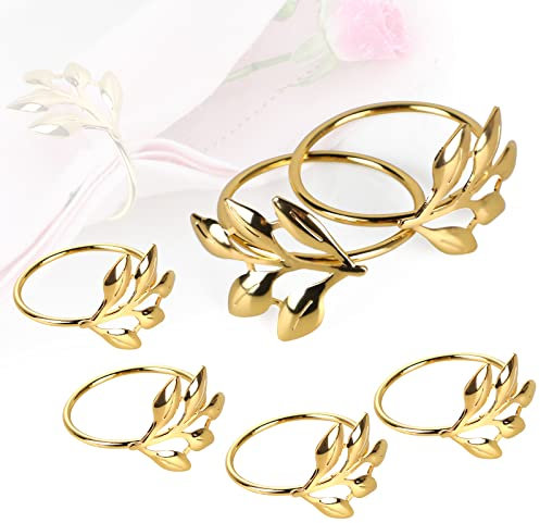 DBREAKS 6 Pcs Serviettenringe Gold, Metall Serviettenringe, Blätter Serviettenhalter, Universal Serviettenschnallen für Hochzeitsfeier Abendessen Jubiläum Tischdekoration
