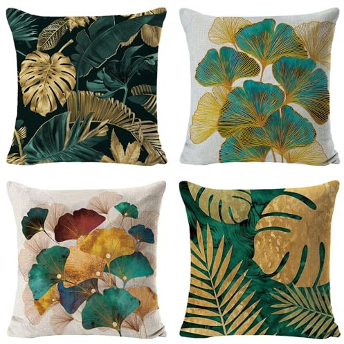 HIQE-FL Juego de 4 Fundas de Cojín de 45 x 45 cm,Cojines Impermeables Exterior,Hojas de Palmeras Tropicales Doradas Modernas Funda de Almohada,para Sofá,Oficina, Coche,Decoración del Hogar
