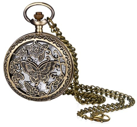Avaner Hollow Out Pocket Watches: Bronze Butterfly Analog Quartz Pocket Watches with Chain for Men and Women