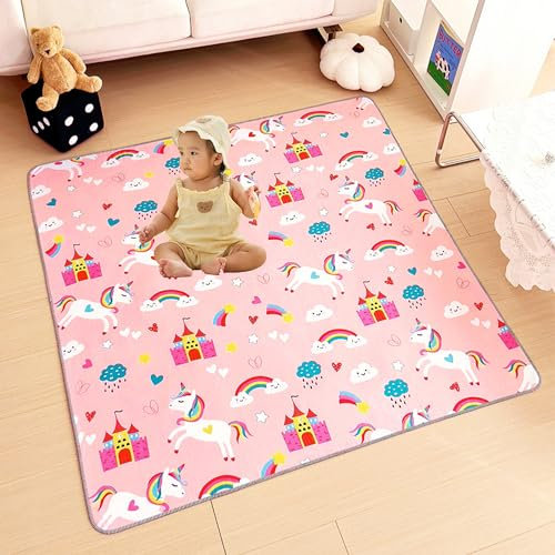 SQAQS Baby Floor Play Mat, Large 130 * 130cm, 4-Layer Structure, Foldable Play mat for Crawling, Waterproof, Nonslip Baby Crawling Mats, Soft Playmat for Baby's Crawling (Pony)