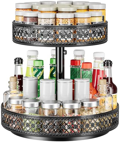 Lazy Susan Spice Rack Organizer, 2 Tier 360° Rotating Metal Tray Black
