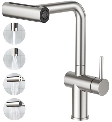 Faustina Rubinetto Cucina con 4 Funzioni estraibile Cascata, Miscelatore Monocomando Rubinetto da Cucina per Lavello con Doccetta ad Alta Pressione in Acciaio Inox