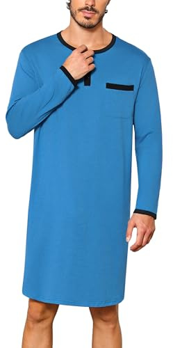 Uniexcosm Pijama Larga Hombre Algodón Camisetas de Pijama Hombre Manga Larga Camisa de Dormir Ropa de Dormir Pijama Casual Suave Cómodo Azul XL