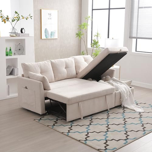 Divano componibile a L, divano ad angolo modulare da soggiorno con penisola intercambiabile, tessuto ciniglia, divano letto multifunzione con ripostiglio e letto estraibile, beige