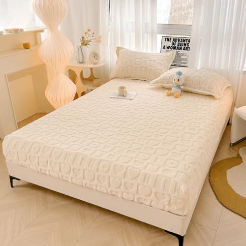 120x200cm Bettspanntuch Samt, Bettlaken Boxspringbett Winter Beige Weiß Spannbetttuch Herzmuster Matratzenhöhe 5-30cm