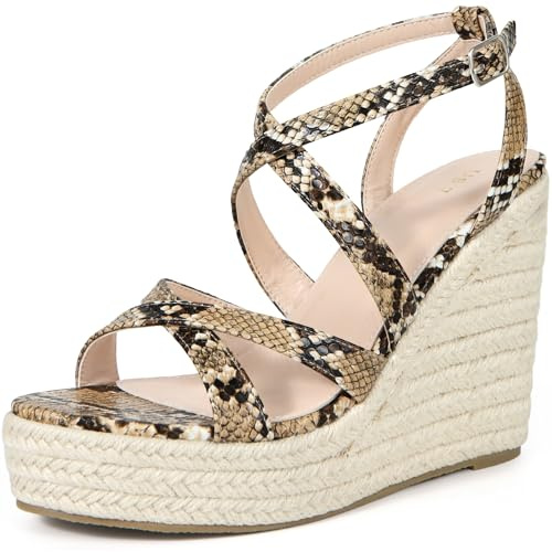 Allegra K Sandales compensées à plateforme espadrilles à imprimé serpent pour femmes Kaki 39