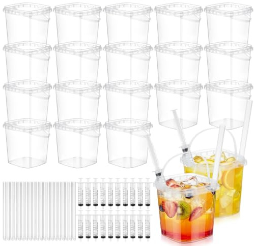 Willinglong 40 Set Disposable Plastic Drink Buckets with Lids & Straws - 33.8oz Square Rum Buckets with Handle & Beverage Syringes, Convenient for Wine, Beer, Cocktail, Summer Parties & BBQs