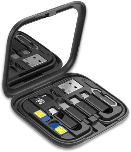 Qreninv Adattatore da viaggio universale da viaggio con Adattatore USB a Tipo C/Micro USB/Phone, Cavo Tipo-C & Sim Pin – Custodia Compatta con Specchio e Set da Organizer