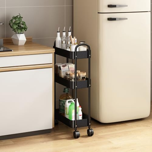 Hovoto Rollwagen, Metall Küchenwagen Schmal, Nischenwagen Rollwagen 3 Ebenen, Nischenregal auf Rollen für schmale Plätze, Küche, Wohnzimmer, Waschküche, Bad, 40 * 18 * 73cm