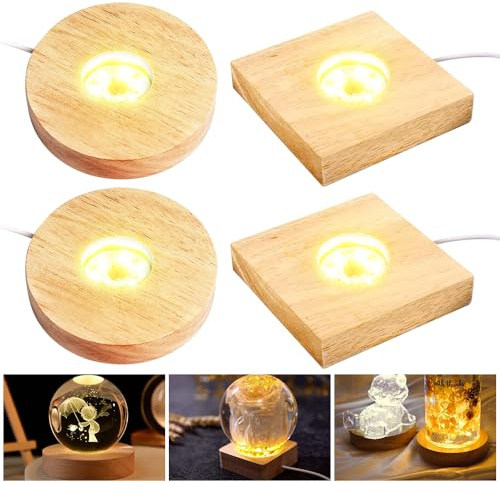 mizikuu 4 Pezzi Legno Base Luminosa a LED, Circolare Quadrato Colorato con USB Vetro Cristallo Gioielli Acrilico Resina Base Legno illuminata Base Espositiva Luci Supporto Luminoso Display Da Tavolo