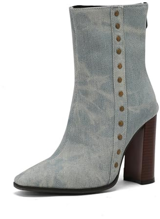 Bottes Courtes À Bout Pointu pour Femmes avec Fermeture Éclair Cuir PU Bottines Chelsea avec Clous Talon Épais Hauts Bottines,Bleu,35 EU