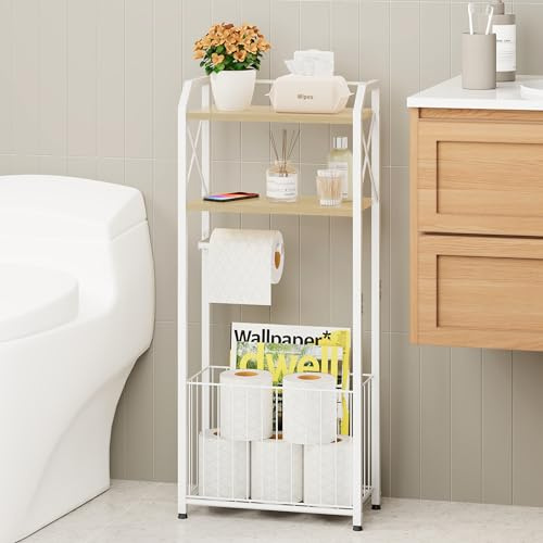 HapiRm Freestanding Toilet Paper Holder - 4-Tier Bathroom Tissue Organizer with Wood Shelves and Large Basket, Toilet Paper Holder Stand for Bathroom, Laundry Room, Apartment - White(Large)