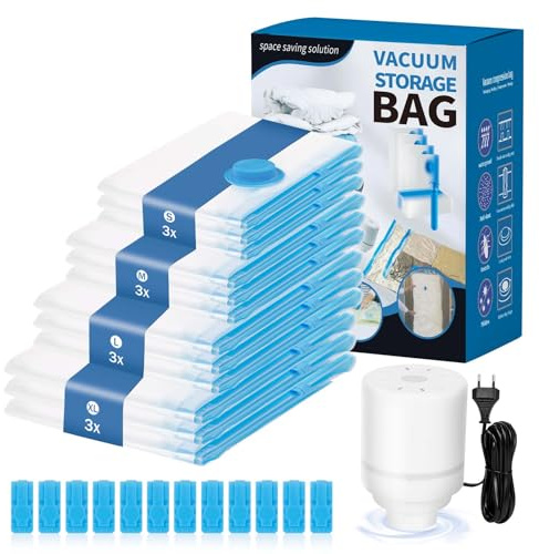 SanRes Bolsas Vacio Ropa, Juego de 12 Bolsas(3J + 3L + 3M + 3S) con Bomba Eléctrica Portátil, Compresión Bolsas de Vacio para Ropa, Mantas, Edredones, Viajes, Reutilizable Transparente