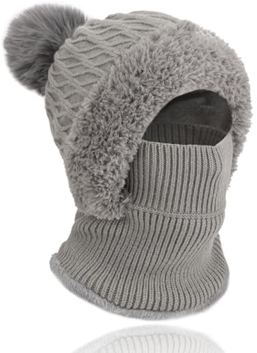 TAGVO Stickad mössa för kvinnor, vintermössa, halsduksset, 3-i-1, multifunktion, vindtät, termiskt elastisk, mössa med ögla och halsduk i mjukt fleecefoder, pom-pom hatt, balaklava, ansikte, skidmask