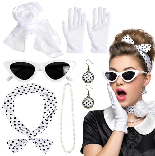 Tenue des années 50 pour femme - Accessoires rockabilly des années 1950 - Avec écharpe en mousseline de soie, gants, lunettes de soleil - Bandana à pois - Boucles d'oreilles - Accessoire rockabilly