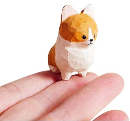 TESGADGETS Figura di Corgi intagliata a Mano in Legno – Piccola Statua di Cane in Legno Naturale – Graziosa Figura Decorativa – Regalo per Amanti dei Cani e Collezionisti