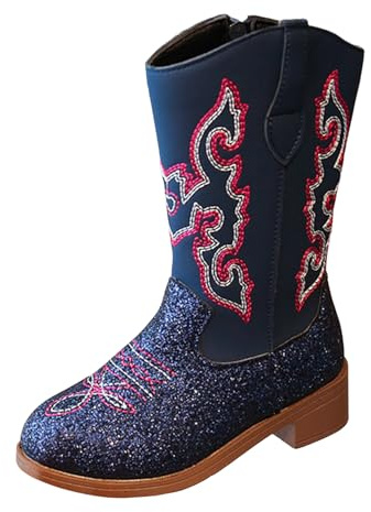 Girls Glitter Western Cowgirl Boots, Two Tone Gradient Embroidered Mid Calf Boots with Side Zipper, Fleece Lined Non Slip Low Heel Sparkly Princess Dress Shoes for Birthday Fancy Dress Riding Holiday