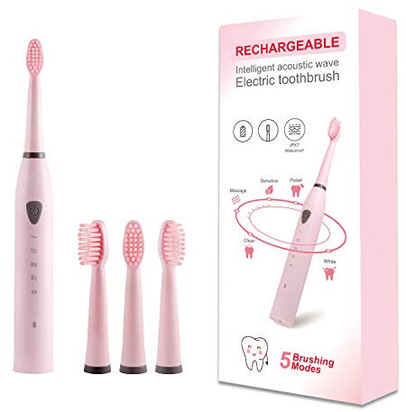 Rechargeable Electric Sonic Toothbrush for Adults Teens with 5 Modes 2 Mins Timer and 4 Duponts Toothbrush Heads, 4 Hours Charge Last 30 Days