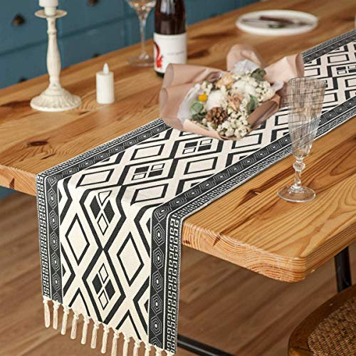 Yugarlibi Dark Grey Table Runner with Tassels, Geometric Wrinkle Resistant Autumn Table Runner for Dining Table Room Party Wedding Banquet Buffet 71x14in (180x35cm)