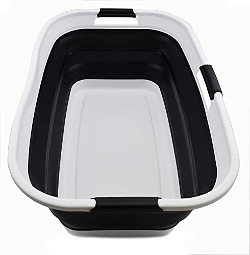 SAMMART 44L Faltbarer Kunststoff-Wäschekorb - Faltbarer Pop-up-Aufbewahrungsbehälter - Tragbare Waschwanne - Platzsparender Korb, Wasserkapazität: 35L (1, Weiß/Schwarz),Größe: 64,5 x 44 x 26cm