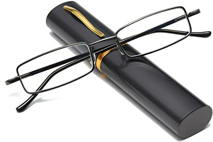 Hubeye Gafas de lectura portatiles con forma de bolígrafo de metal para hombre y mujer Anteojos de lectura con bisagras de resorte Anti luz azul con funda metal de bolsillo 1.50