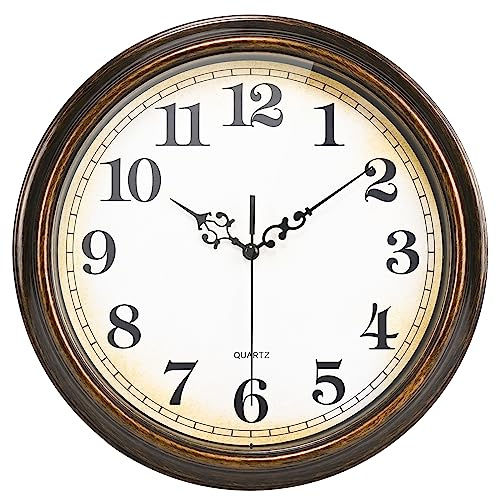 Yoiolclc Wall Clock Battery Operated Silent Non-Ticking Vintage Wall Clocks for Kitchen, School, Living Room (12Inch, Bronze)