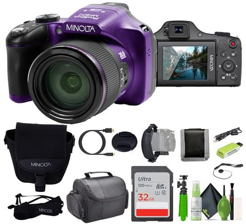 MINOLTA MN67Z 20 MP / 1080P FHD Bridge Digital Camera w/67x Optical Zoom (Purple) Bundle with 32GB Memory Card + Camara Bag + Cleaning Kit + Vlogging Tripod + Accessories