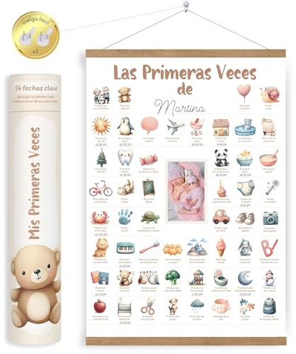 HuBorns – Póster “Mis primeras veces” para bebé, recuerdo de momentos especiales y decoración infantil con caja premium de regalo y soporte de madera magnético
