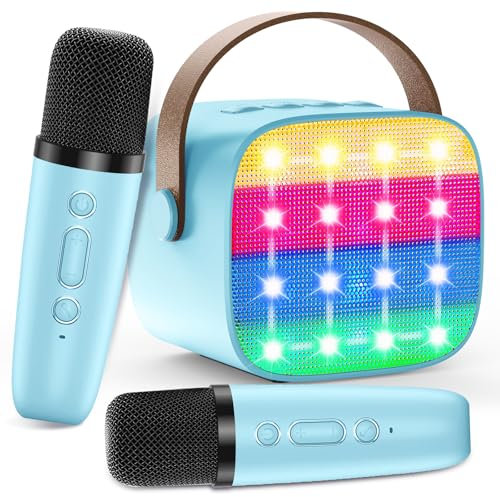 Macchina Karaoke per Bambini con 2 Microfoni Wireless - Microfono Bluetooth, Altoparlante Portatile, Cambio Voce, Luci LED, Giocattolo Musicale per Ragazze e Ragazzi, Regalo per Compleanni e Natale