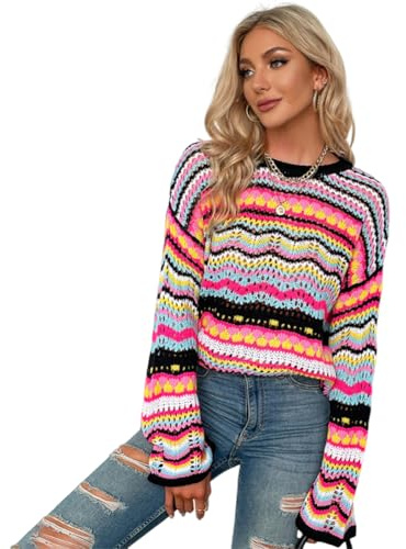 IBAKOM Suéter de ganchillo para mujer, vintage, de manga larga, cuello redondo, a rayas, informal, holgado, de punto, Negro, XL