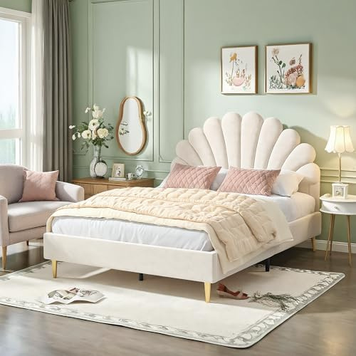 NLDGR Lit double rembourré, 140 x 200 cm, pour fille, 140 x 200 cm, avec sommier à lattes, cadre de lit avec tête de lit en forme de fleur, en velours, pour adultes
