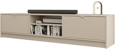 Mirjan24 TV Schrank Tireno 2K, Fernsehschrank, B:180 x H:40 x T:40 cm, TV Lowboard mit geriffelte Fronten, Fernsehtisch, TV Tisch, Unterschrank, TV Board, Schrank, TV Bank (Sandbeige)
