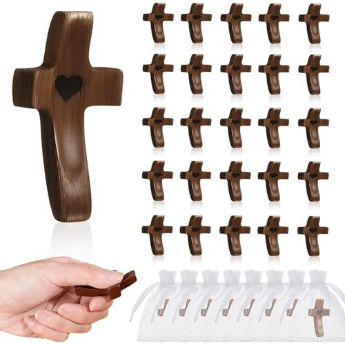 Brevynx Handmade 25Pcs Pocket Wooden Cross Fidget in bulk with Organza Bags - Stress Relief Cross My Heart for Christian, Religious Easter Day Gifts,Father's Day for Church